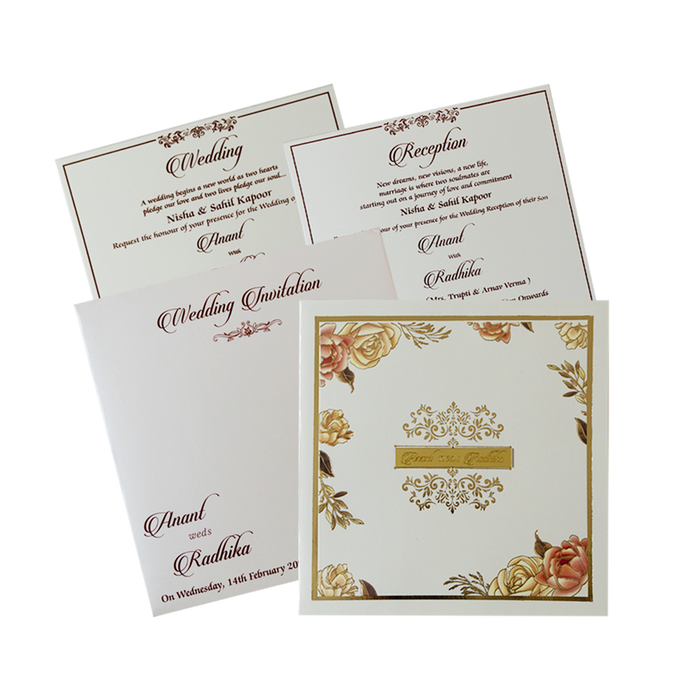 Metallic White Bordered Customized Nameplate Wedding Card