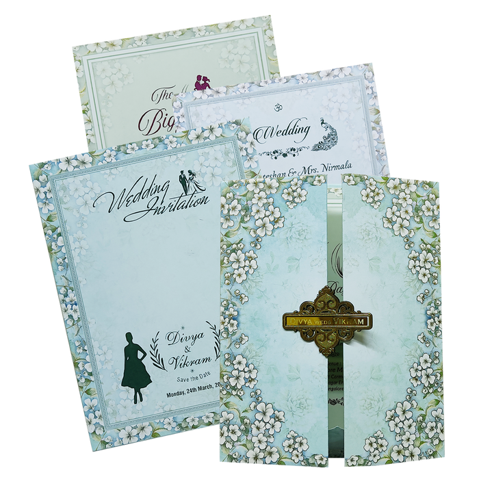 Blue Floral Door Padded Wedding Card