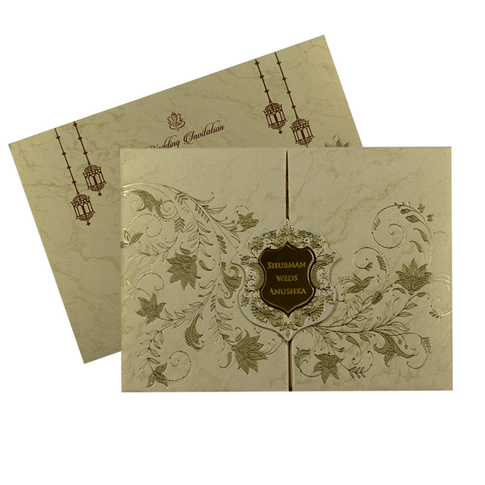 Pale Golden Padded Door Type Wedding Card