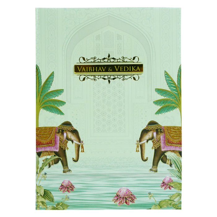 Pista Green Elephant Nameplate Wedding Card