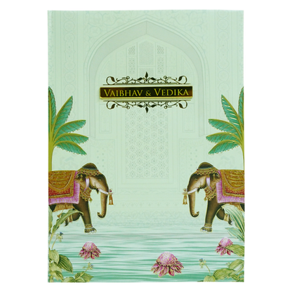 Pista Green Elephant Nameplate Wedding Card