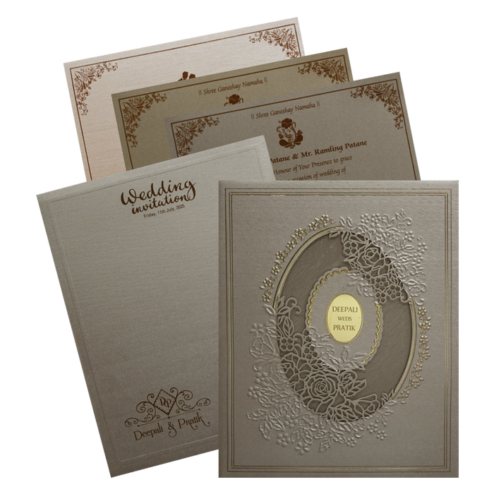 Ash Grey Laser Cut Padded Wedding Card
