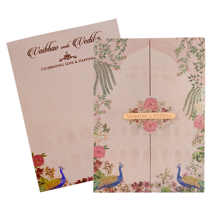 Pink Peacock Padded Door Wedding Invitation