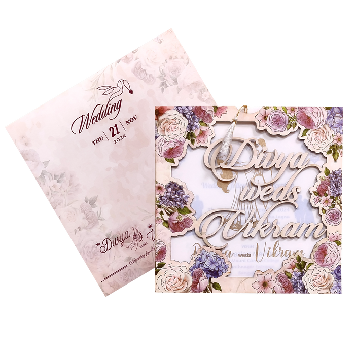 Peach Floral MDF Laser Cut Wedding Card