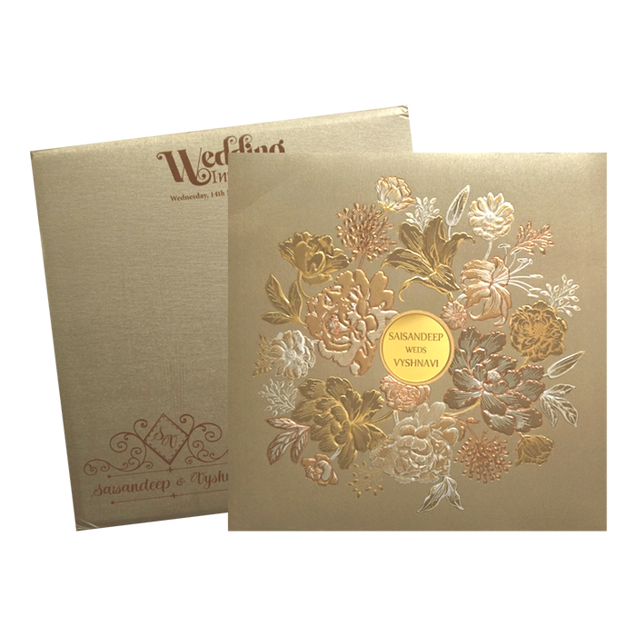 Chickoo Metallic Padded Wedding Invitation