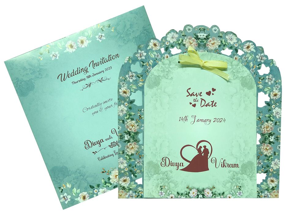 Blue Floral MDF Laser Cut Invitation Card-KNKA8062