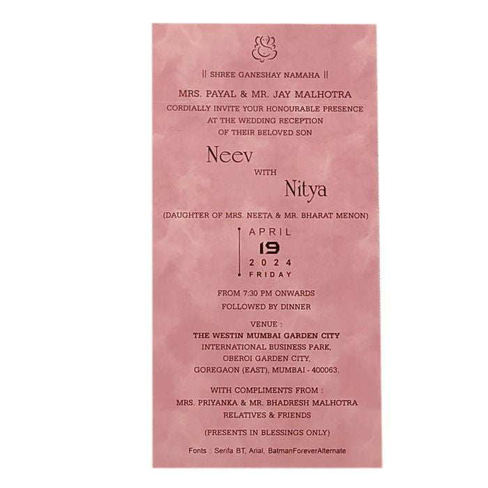 Pink Single Sheet Wedding Card