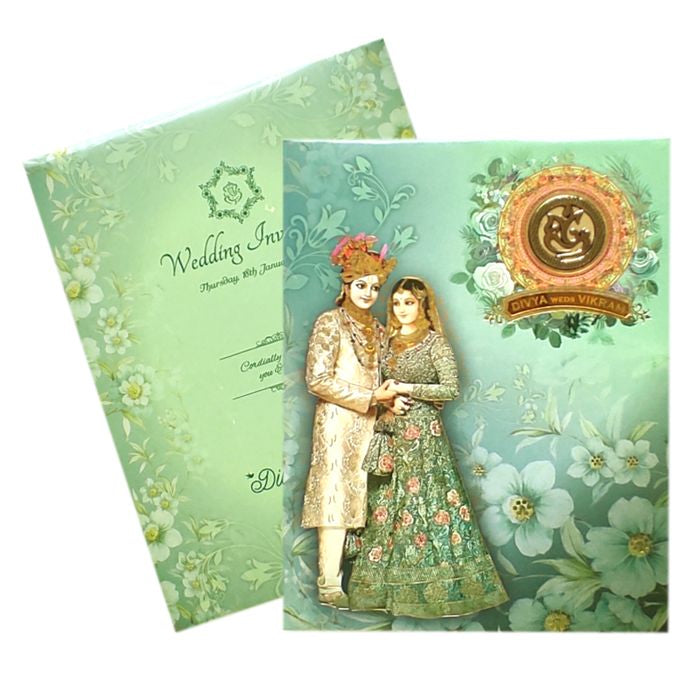 Green Bride Groom Padded Invitation Card