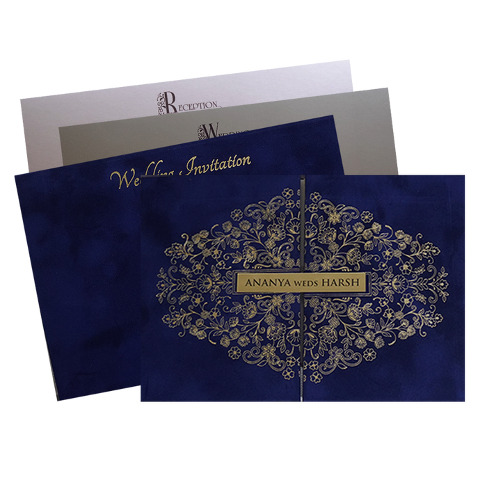 Royal Blue Velvet Padded Wedding Card