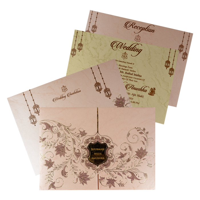 Pink Glitter Padded Door Type Wedding Card