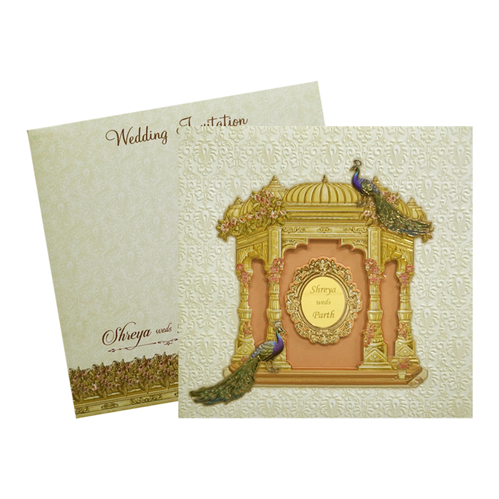 Ivory Royal Peacock Padded Wedding Card