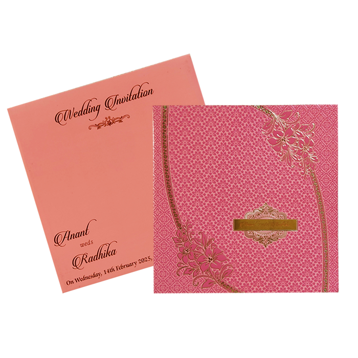 Pink Floral Nameplate Wedding Card Design