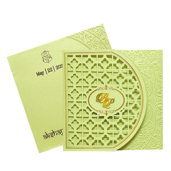Pista Green Laser Cut Box Wedding Card