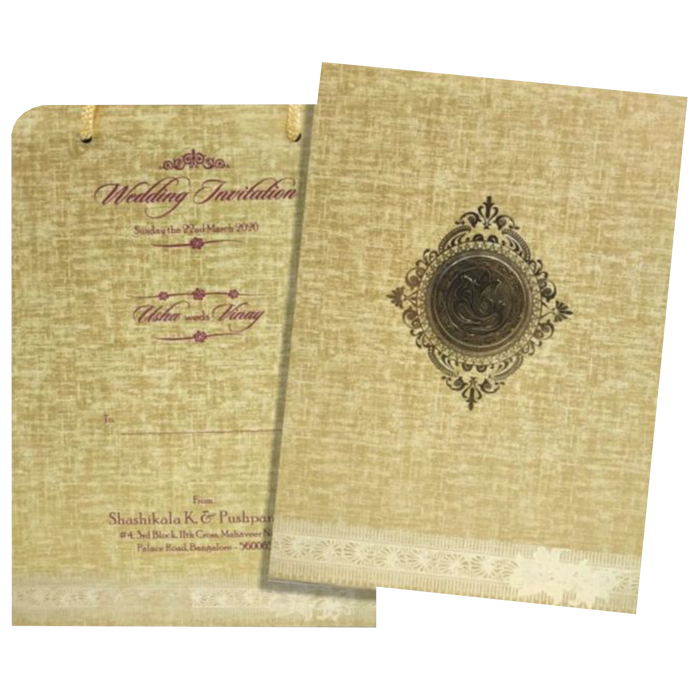 Brown Gold Premium Padded Stiff Board Invitation Card With Ganesha-KNPS9512N