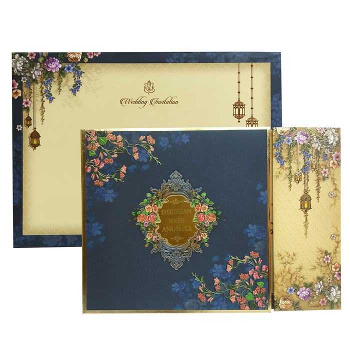 Aegean Blue Cream Floral Door Padded Invitation Card