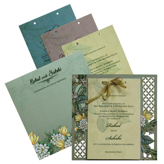 Green Floral Laser MDF Invitation Card