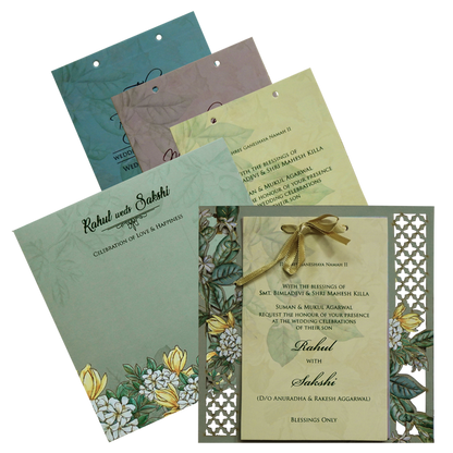 Green Floral Laser MDF Invitation Card