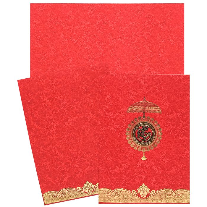 Red Metallic Floral Wedding Card With Umbrella In Gold Foiling-KNCM24RG