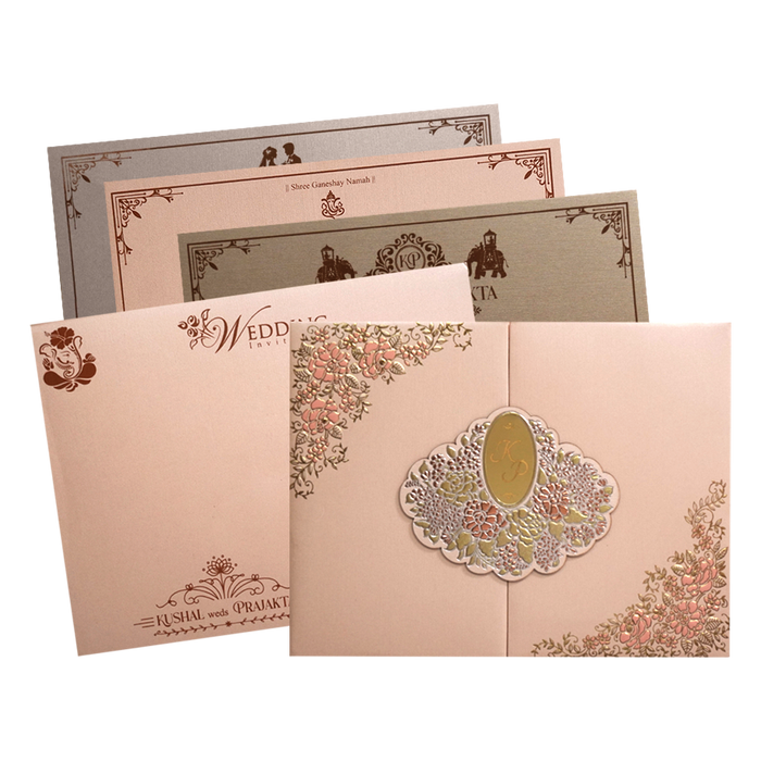 Metallic Peach Floral Padded Wedding Invitation