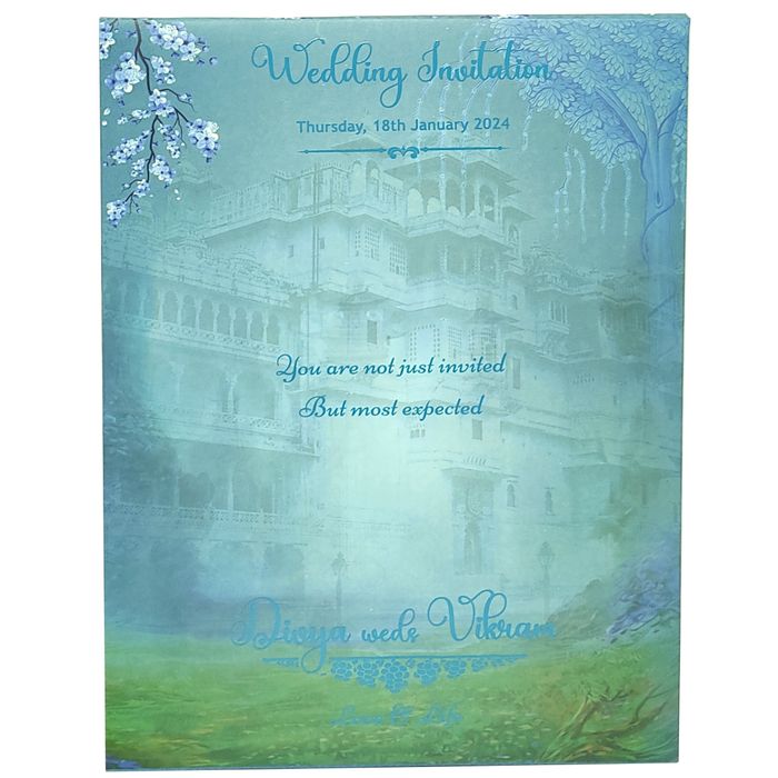 Blue Royal Padded Wedding Card With Palace Background