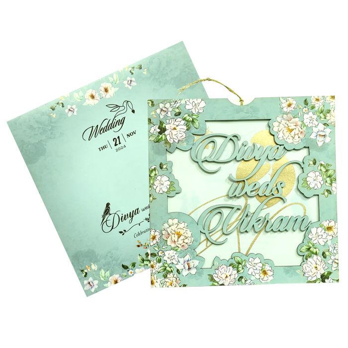 Blue White Floral MDF Invitation Card