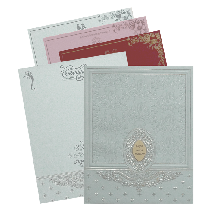 Grey Floral Nameplate Padded Wedding Card