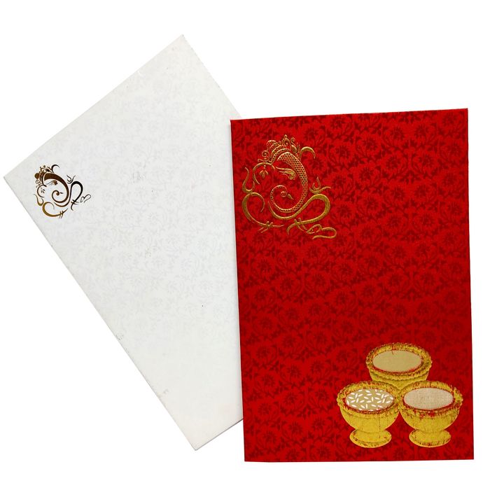 Alluring Red Shading With Gold Foiling Ganesha Wedding Card - KNK2188