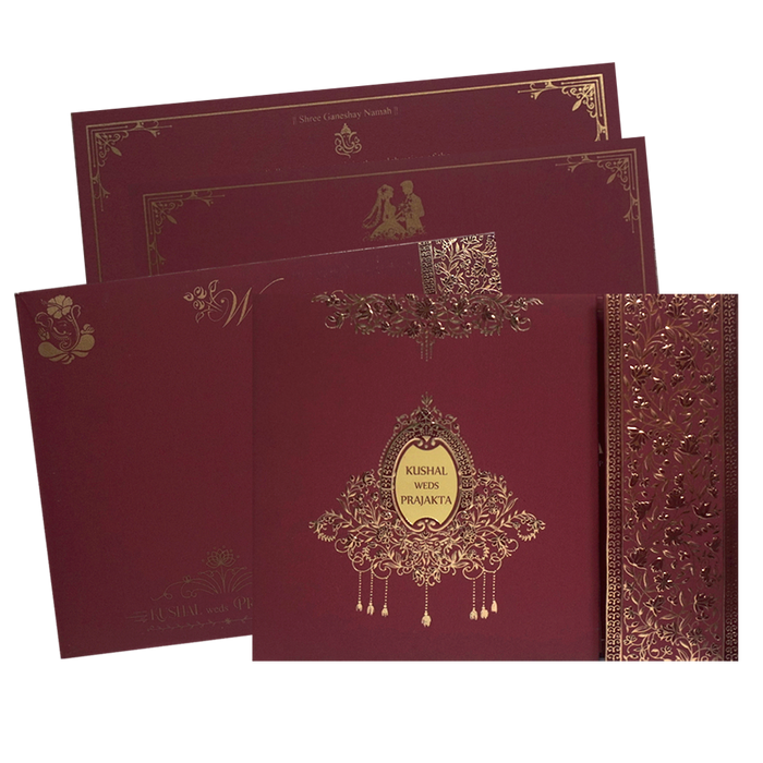 Maroon Embossed Padded Wedding Card
