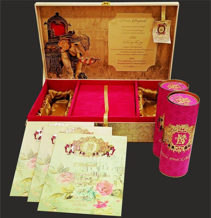Cream Ultra Premium Box Invitation Card In Elephant Theme-KNKUP001