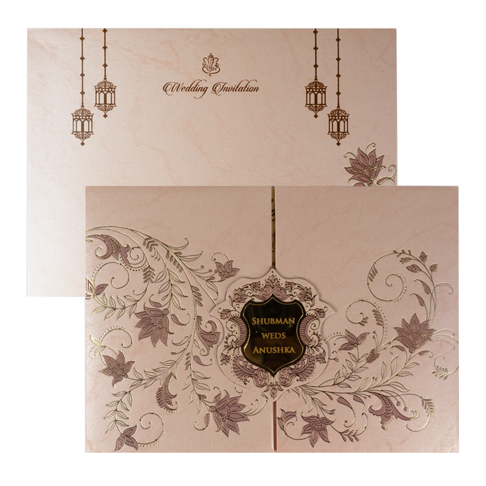 Pink Glitter Padded Door Type Wedding Card