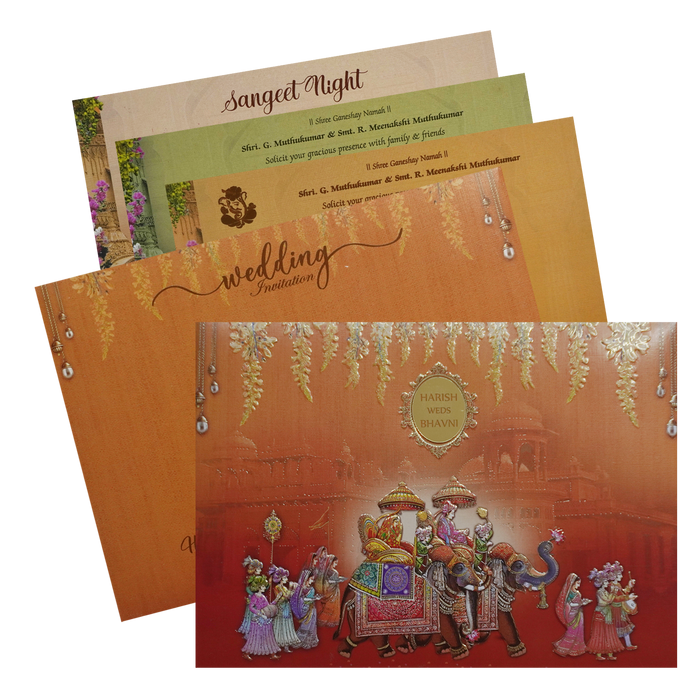 Golden Brown Elephant Chariot Invitation Cards