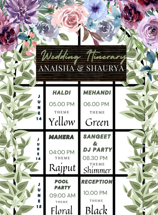 Green Rustic Wedding Itenary Invitation