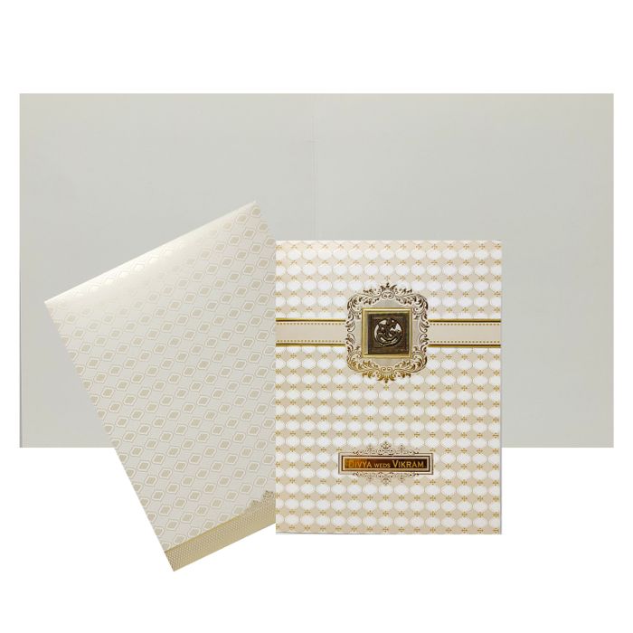 White Floral Wedding Card With Square Ganesha Sticker-KNJS2055