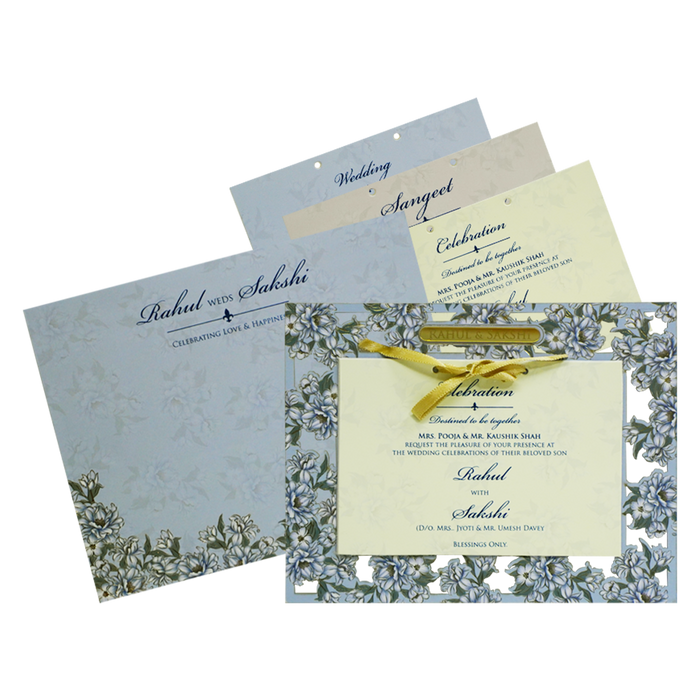 Blue MDF Floral Wedding Card Design