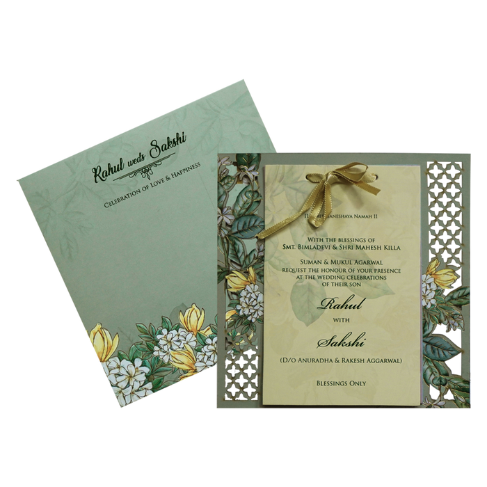 Green Floral Laser MDF Invitation Card