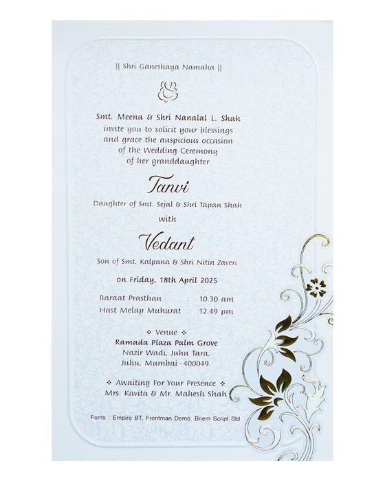 White Single Sheet Wedding Card