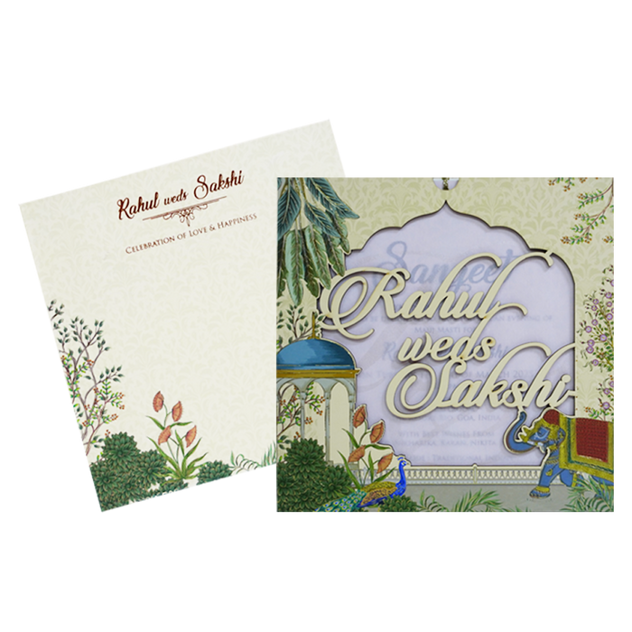 Cream Peacock Elephant MDF Invitation Card