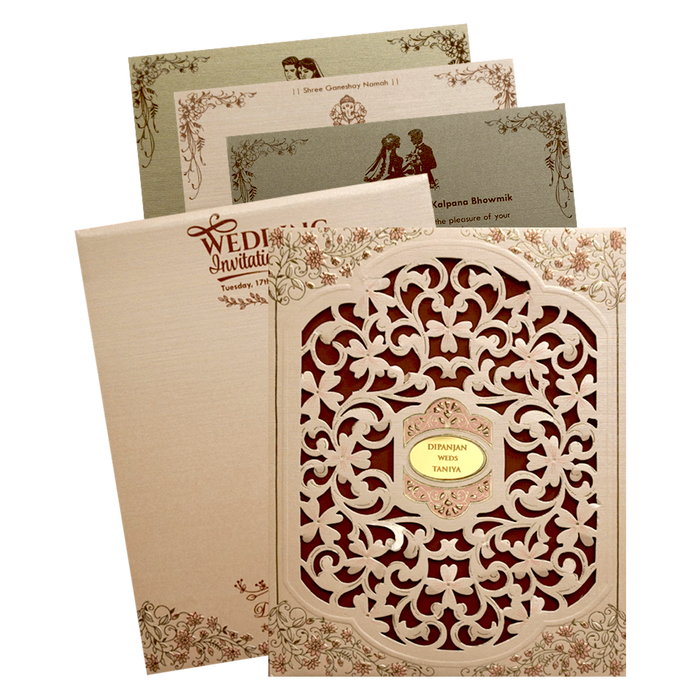 Pastel Peach Laser Cut Padded Wedding Card