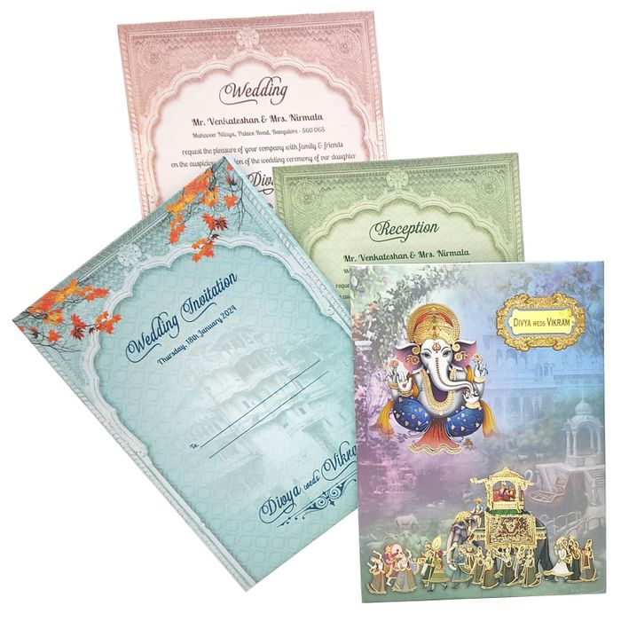 Blue Padded Hindu Wedding Card With Ganesha Image-KNPO9528B