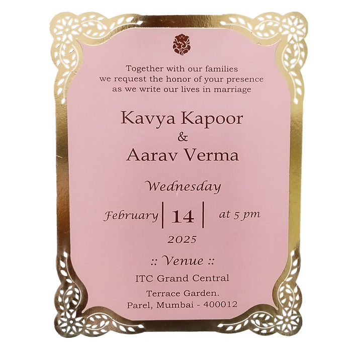 Peach Laser Cut Gold Border Single Invitation Card