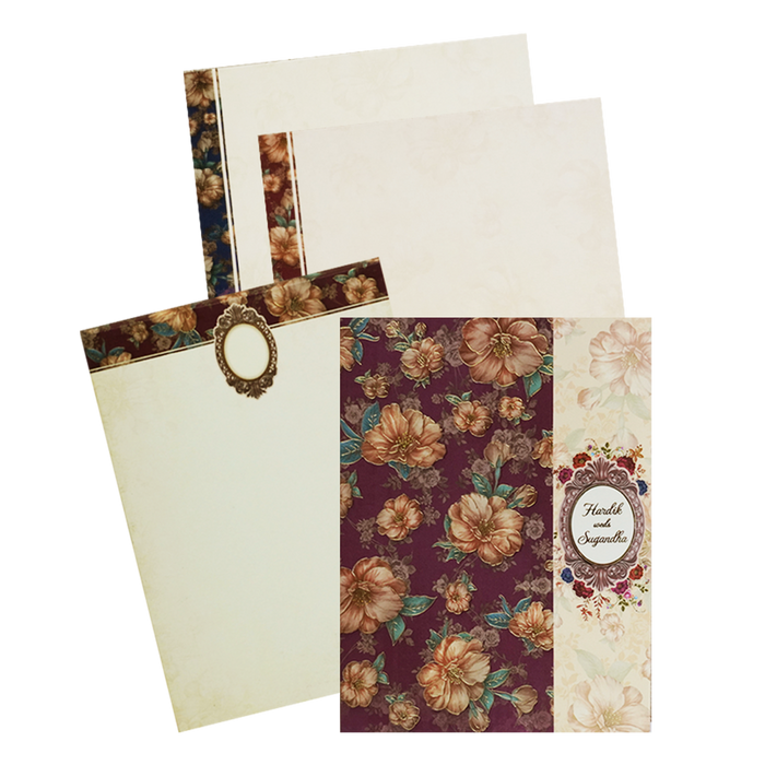 Maroon Cream Floral Door Padded Wedding Card