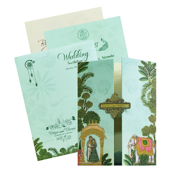 Green Royal Bride Groom Padded Wedding Card