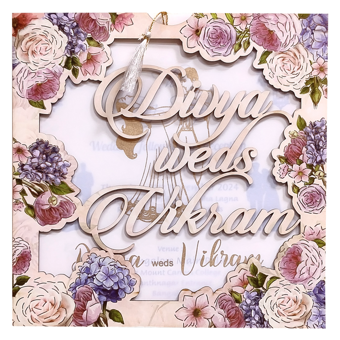 Peach Floral MDF Laser Cut Wedding Card