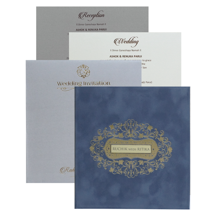Grey Fabric Nameplate Padded Wedding Invitation
