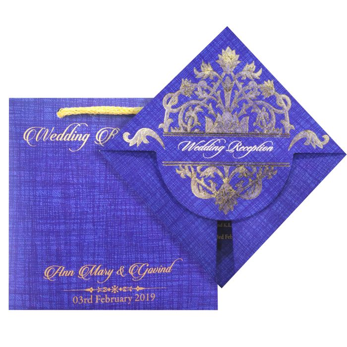 Blue Designer Personal Invitation Card In Gold Foiling Print With Bag-KNF9101B