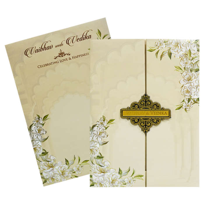 Vanilla Beige Floral Door Nameplate Padded Invitation Card