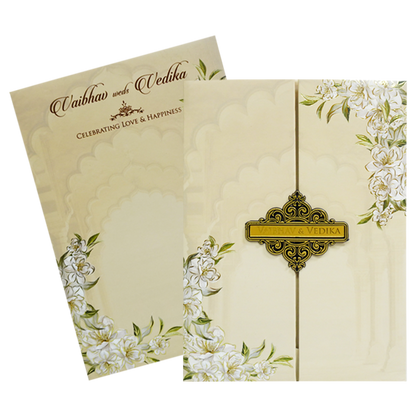 Vanilla Beige Floral Door Nameplate Padded Invitation Card