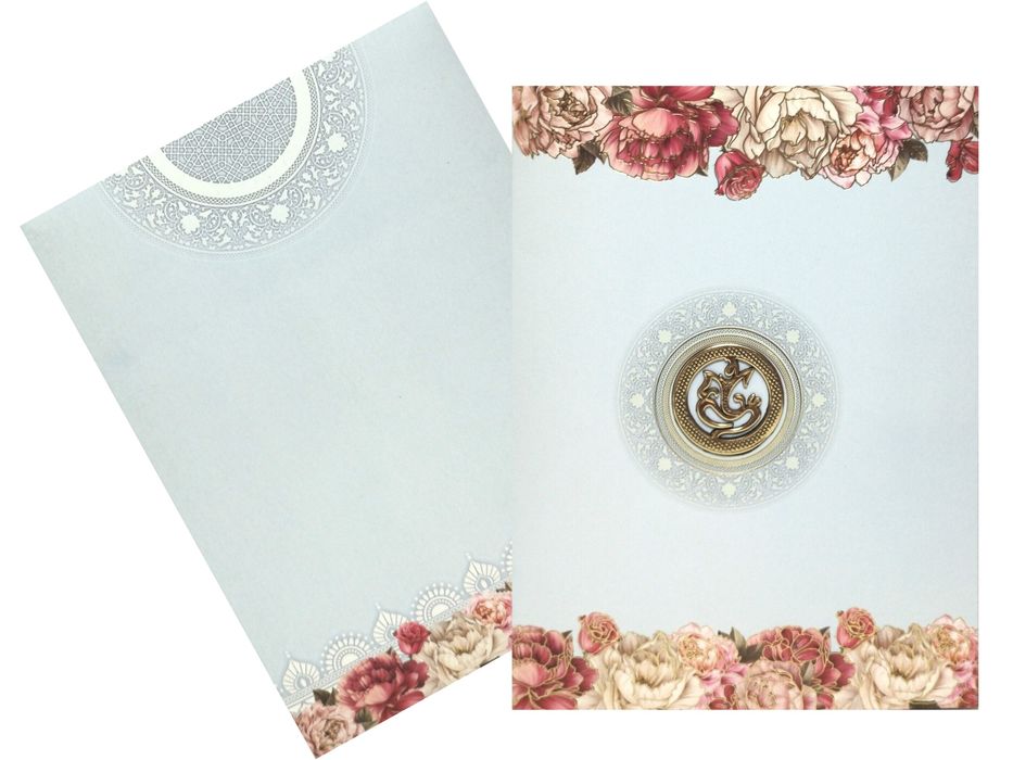Light Blue Classic Floral Offset Print Wedding Card-KNKC4057