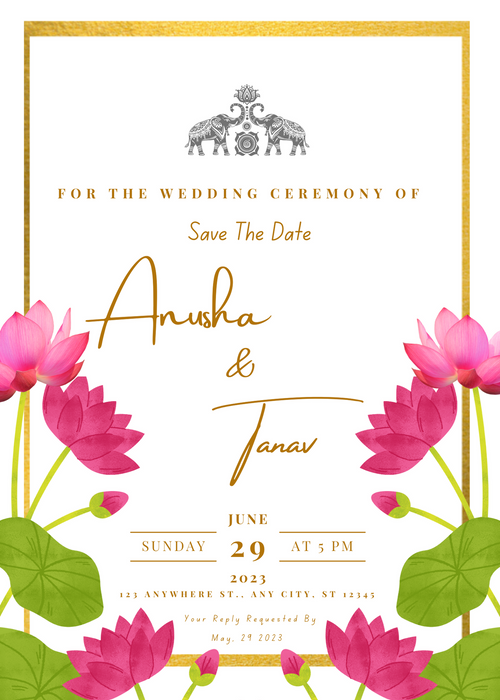 Gold Border Lotus Elegant Wedding Invitation
