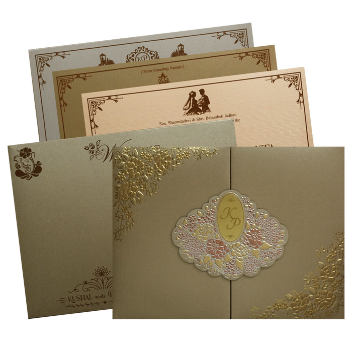 Metallic Brown Embossed Padded Wedding Invitation